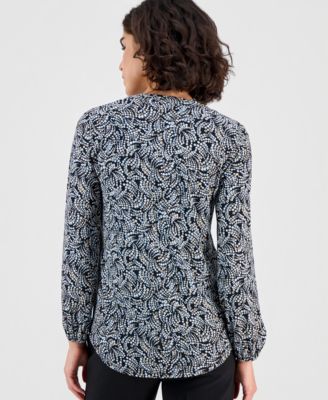 Women's Printed Split-Neck Long-Sleeve Top