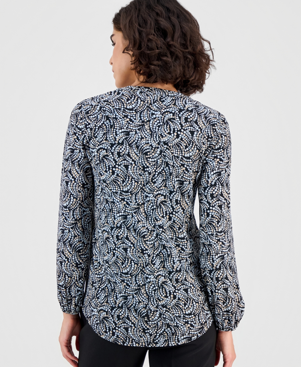 Ak Anne Klein Women's Printed Split-neck Long-sleeve Top In Gray