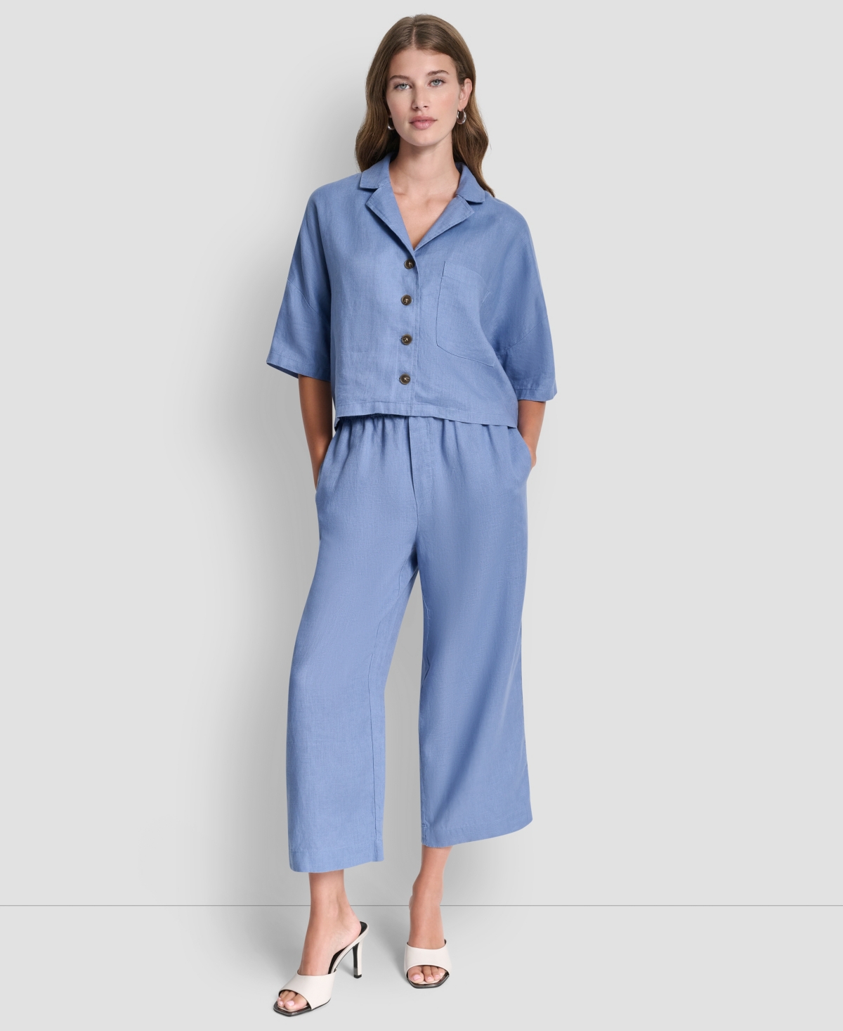 Dkny Women's Button-front Dolman-sleeve Linen Top In Blue