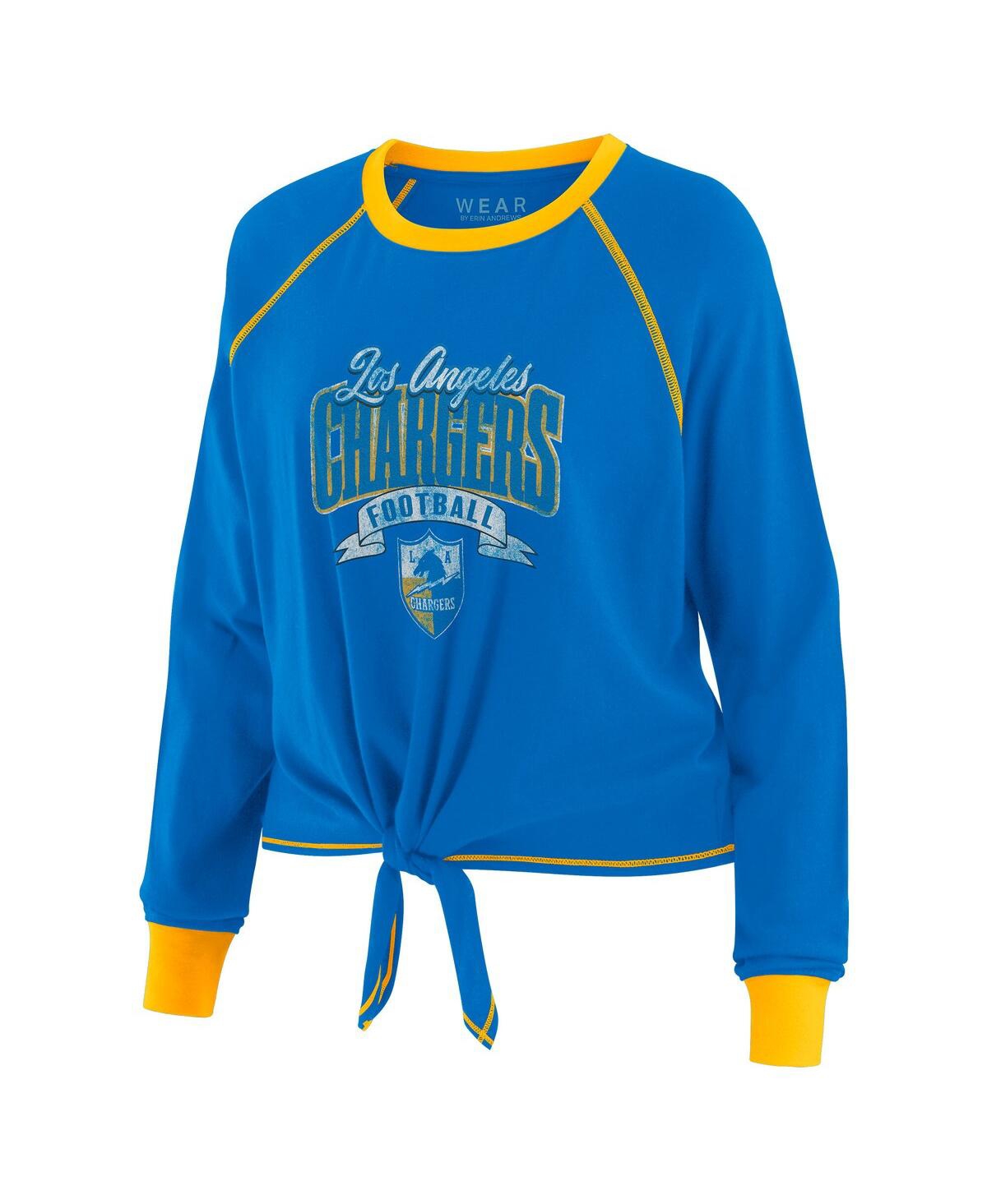 Wear By Erin Andrews Women's Powder Blue/yellow Los Angeles Chargers Tie-front Long Sleeve Top In Blue