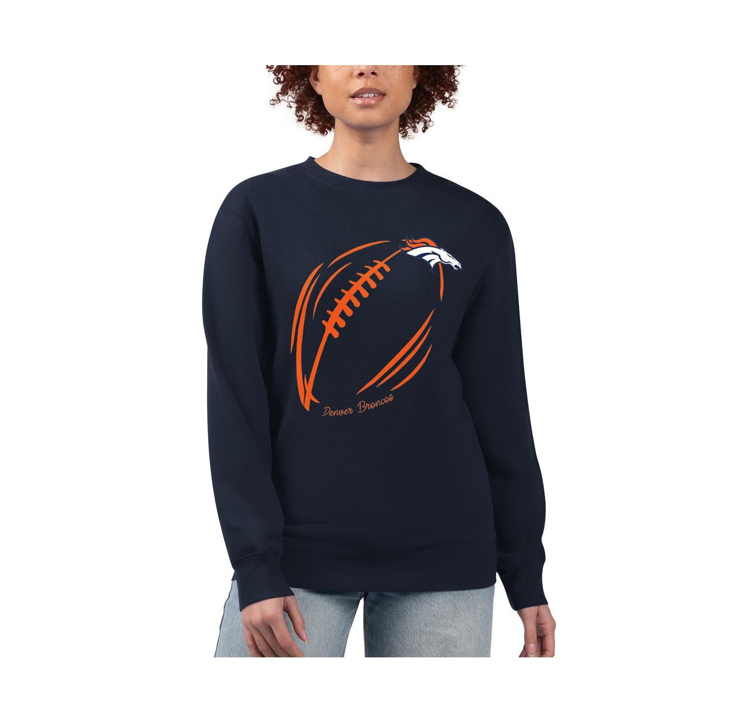 Women's Navy Denver Broncos Football Logo Graphic Fleece Tri-Blend Pullover Sweatshirt