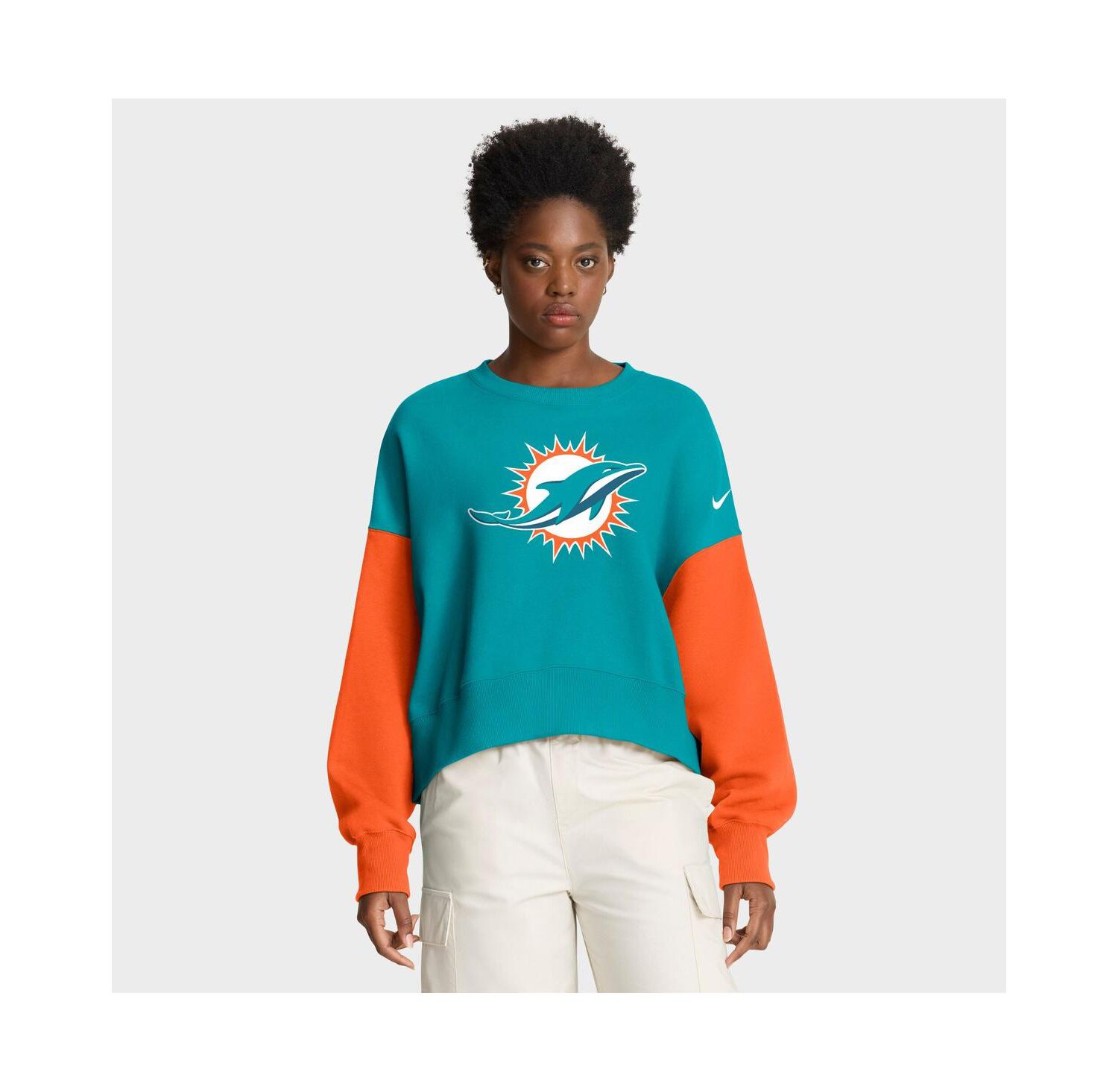 Women's Aqua Miami Dolphins Oversized Color-Block Pullover Sweatshirt