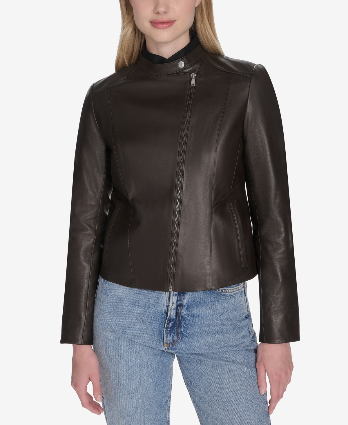 Cole Haan Women's Stand Collar Zip-Front Racer Jacket