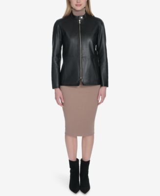 Women's Hand Stitched Detail Stand Collar Leather Jacket