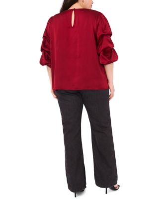 Plus Size Crewneck Keyhole Bubble Sleeve Blouse