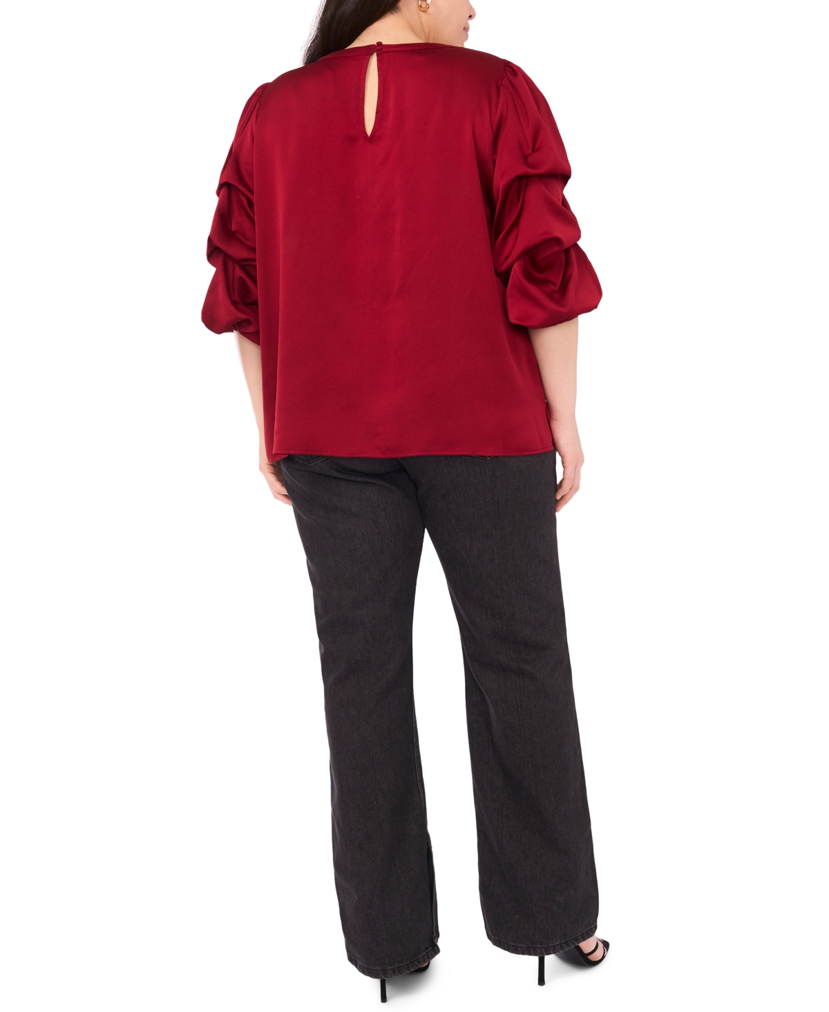 Vince Camuto Plus Size Crewneck Keyhole Bubble Sleeve Blouse In Red