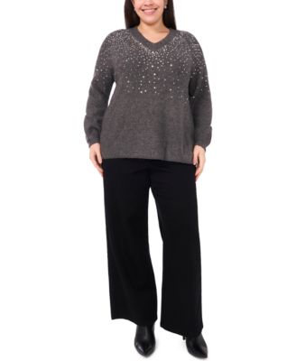 Plus Size Cozy V-Neck Sequined Raglan-Sleeve Sweater