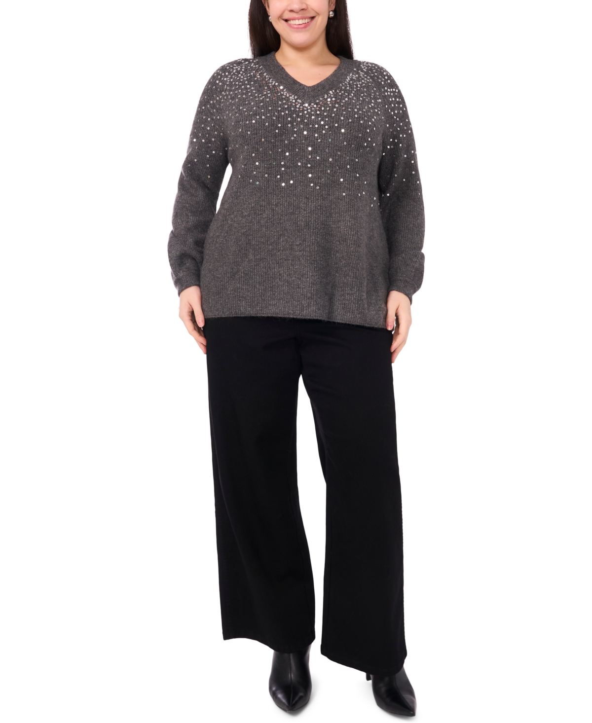 Vince Camuto Plus Sequin V-Neck Raglan Sweater