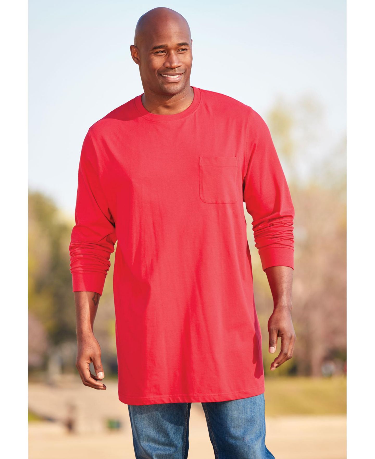 Мужская футболка KingSize Big & Tall Shrink-Less Lightweight Longer-Length Long-Sleeve Crewneck Pocket, цвет: Меланжевый серый — фото 3