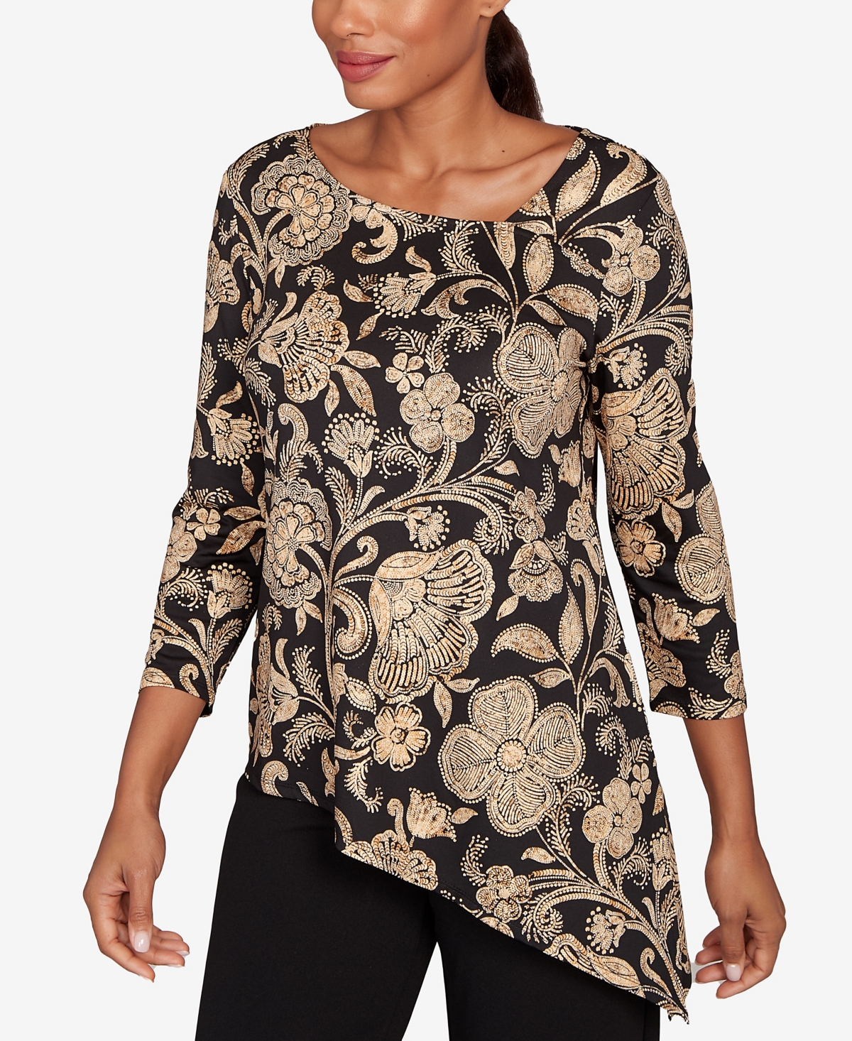 Ruby Rd. Petite Gold Foil Floral Printed Knit Top In Multi