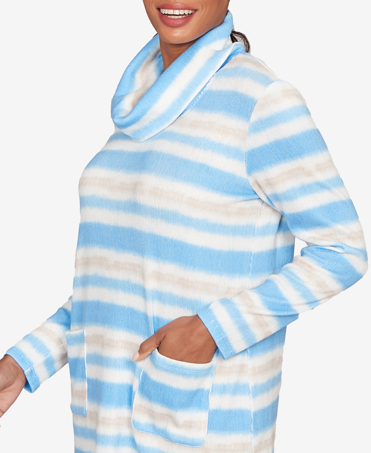 Ruby Rd. Petite Ribbed Stripe Patch Pocket Knit Top In Multi