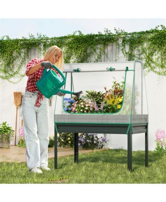 Raised Garden Bed w/ Cover & Legs Roll-up Window Climbing Trellis Drainage Holes
