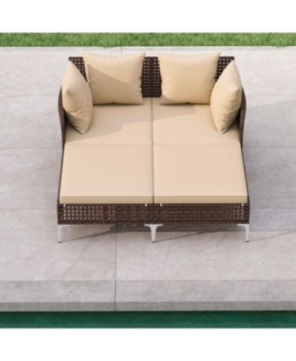Outdoor Rattan Double Daybed Wicker Chaise Lounge for 2 w/ Seat & Back Cushions