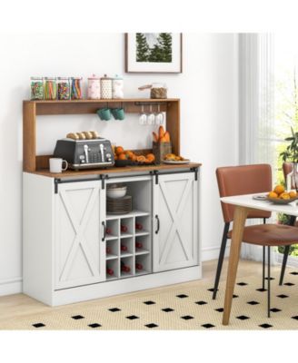 Farmhouse Coffee Bar Cabinet with Charging Station and Sliding Barn Doors