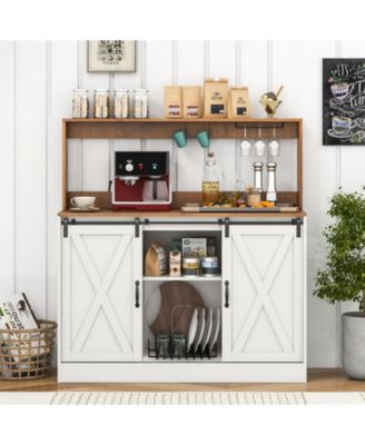 Farmhouse Coffee Bar Cabinet with Charging Station and Sliding Barn Doors