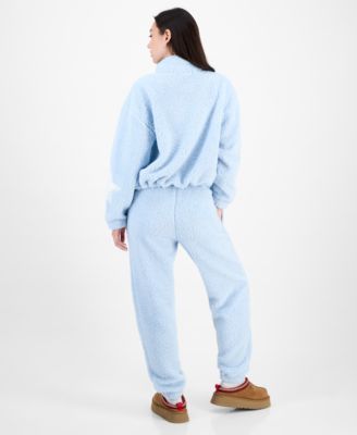 Madden Girl Juniors Star Sherpa Zip Up Sherpa Fleece Sweatpants In Blue