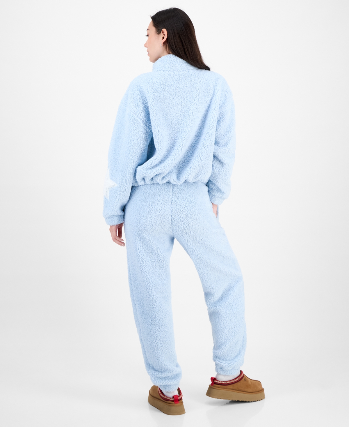 Madden Girl Juniors Star Sherpa Zip Up Sherpa Fleece Sweatpants In Blue