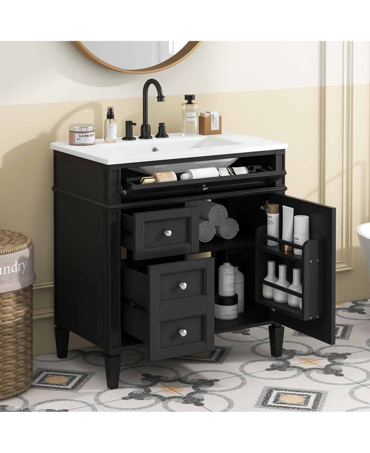 Lovmor 30inch Bathroom Vanity with Top Sink Modern Bathroom Storage Cabinet with 2 Drawers and a Tip out Drawer Single Sink Bathroom Vanity