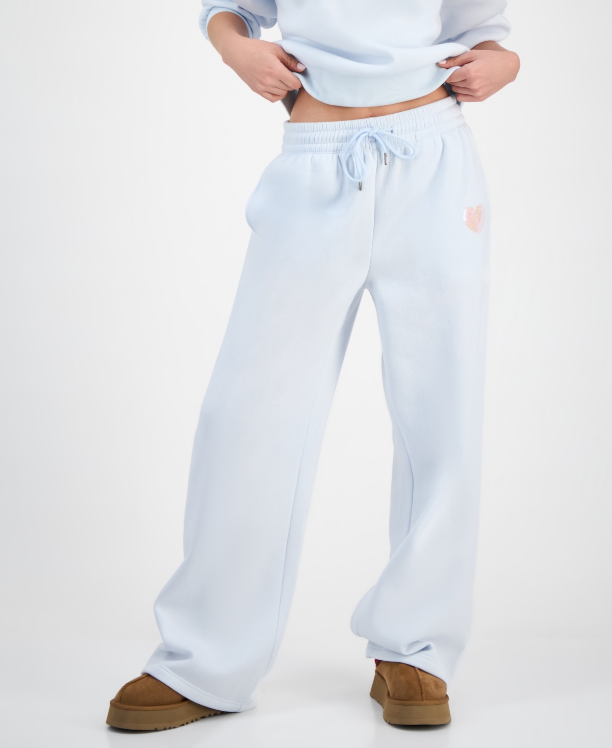 Madden Girl Juniors' Sequin Heart Wide-leg Sweatpants In Blue