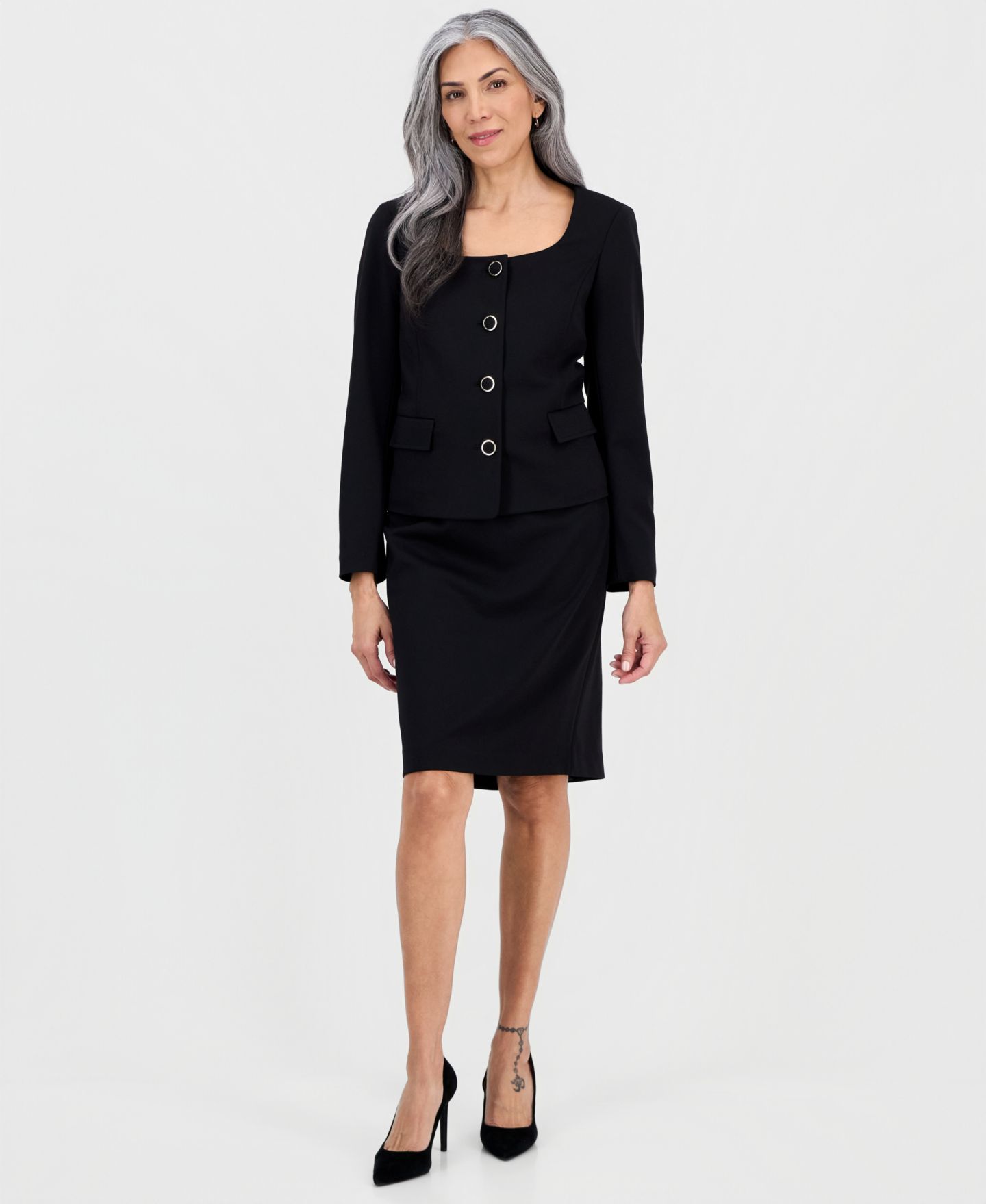 Женские юбки Le Suit Square-Neck Button-Front Ponte 2 Piece Skirt Suit, цвет: Чёрный — фото 1