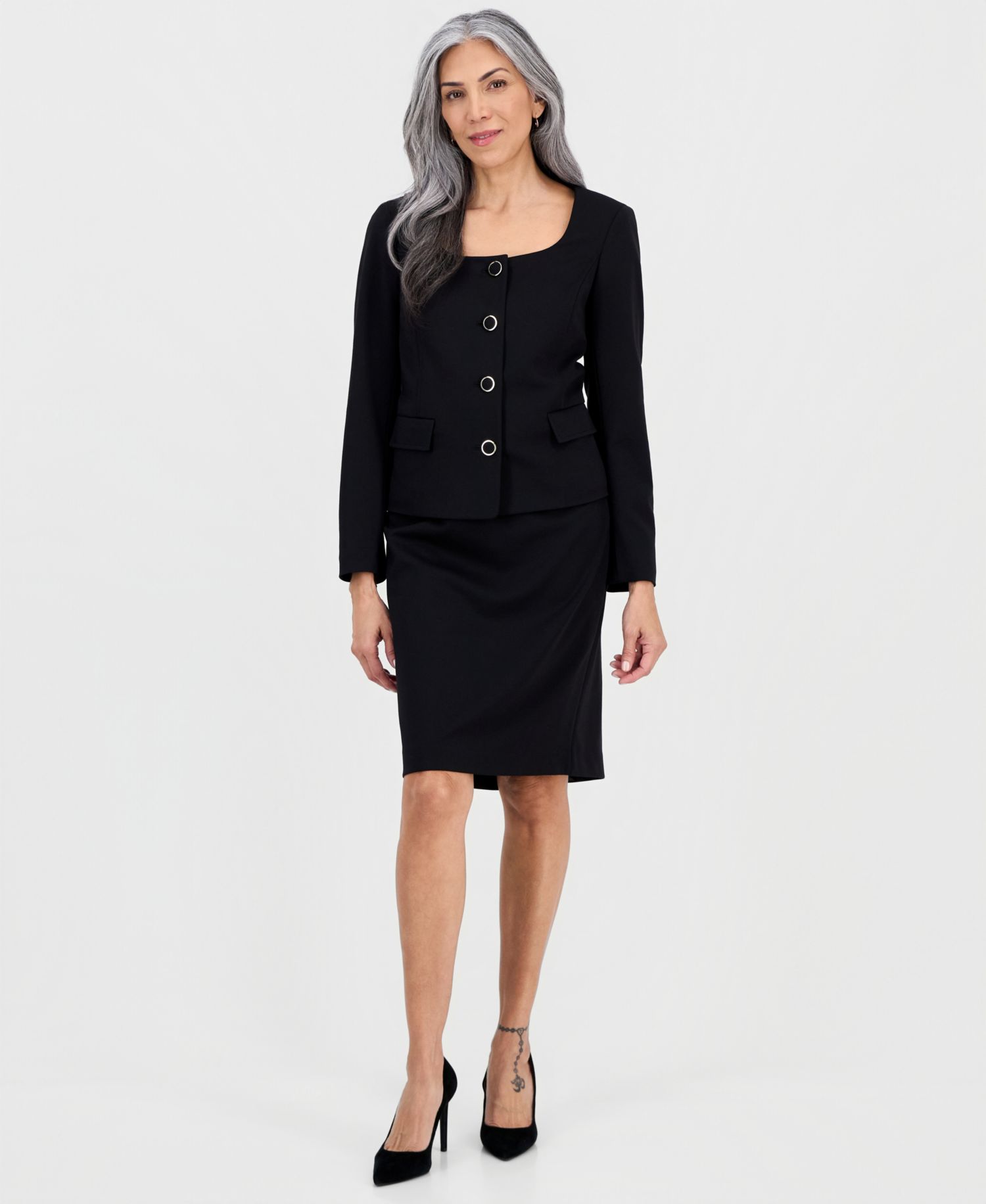 Women's Square-Neck Button-Front Ponte 2 Piece Skirt Suit