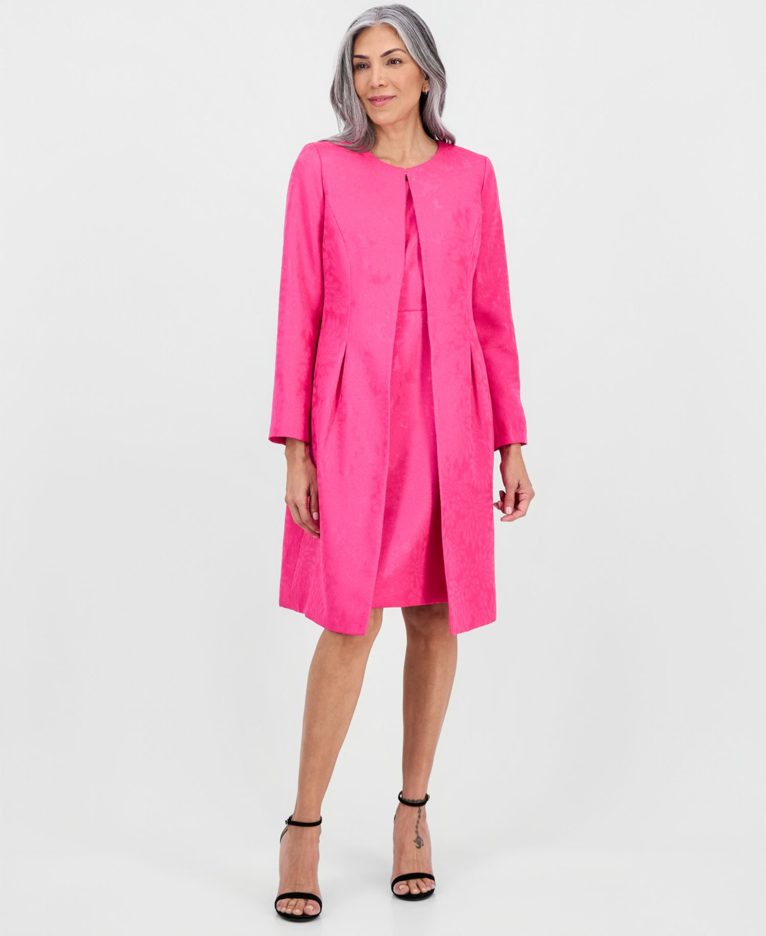 Women's Jacquard Jacket & Round-Neck Sheath 2 Piece Dress Suit