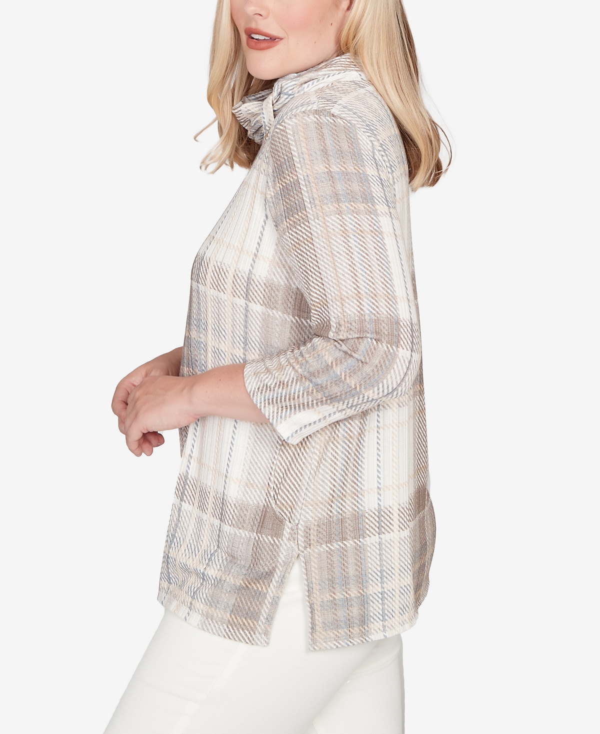 Alfred Dunner Petite Vienna Draped Cowl Neckline Plaid Knit Top In Multi