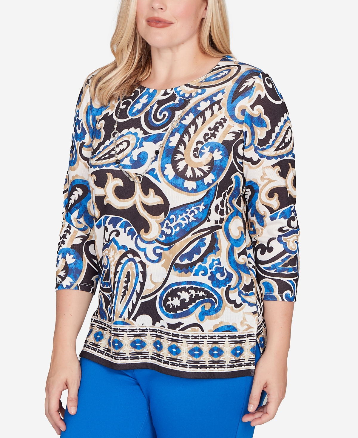 Alfred Dunner Petite Barcelona Paisley Knit Top With Necklace In Multi