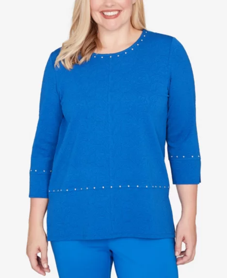 Petite Barcelona Solid Floral Jacquard Knit Top - Cobalt Blue