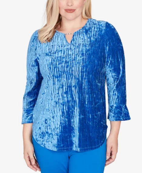 Petite Barcelona Crushed Velvet Keyhole Bell Sleeve Top - Cobalt Blue