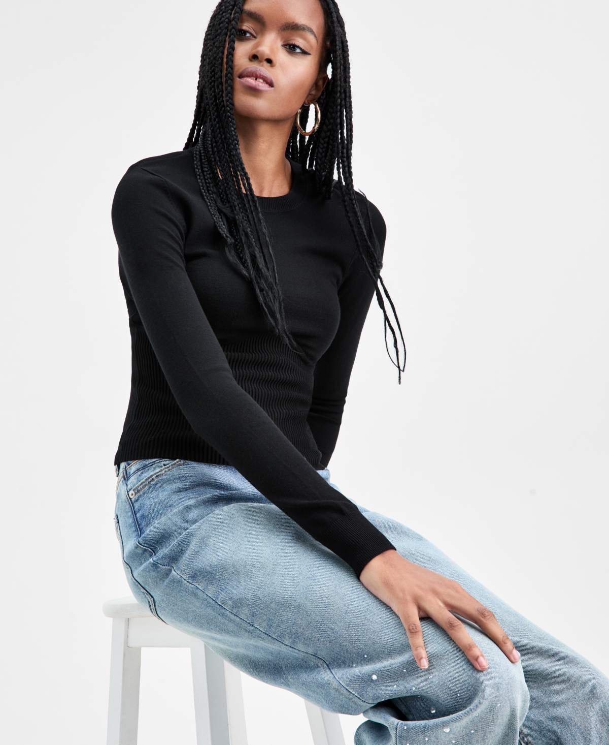 Bar Iii Women's Corset-inspired Long-sleeve Sweater, Macy's Exclusive In Black