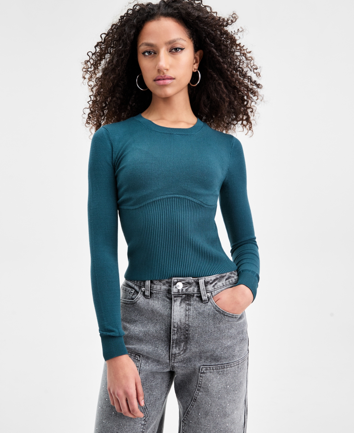 Bar Iii Women's Corset-inspired Long-sleeve Sweater, Macy's Exclusive In Blue