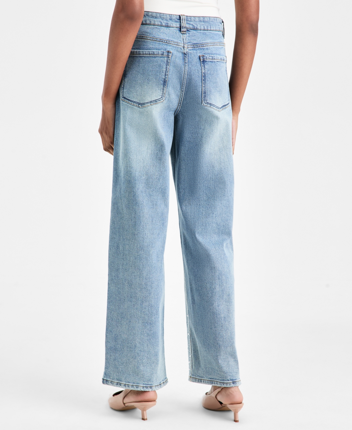 Bar Iii Women's Rhinestone Embellished Wide-leg Jeans, Macy's Exclusive In Blue