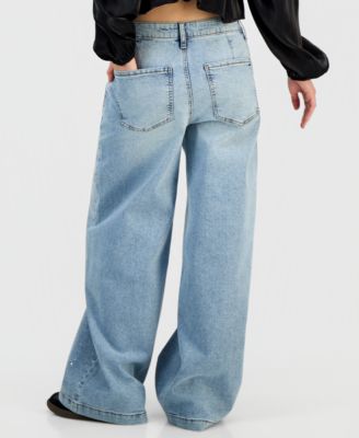 Juniors' Embellished Mid-Rise Wide-Leg Jeans 