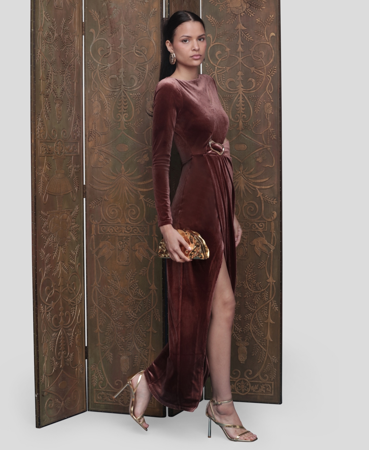 Avec Les Filles Women's Asymmetric Drape Long Sleeves Maxi Dress In Brown