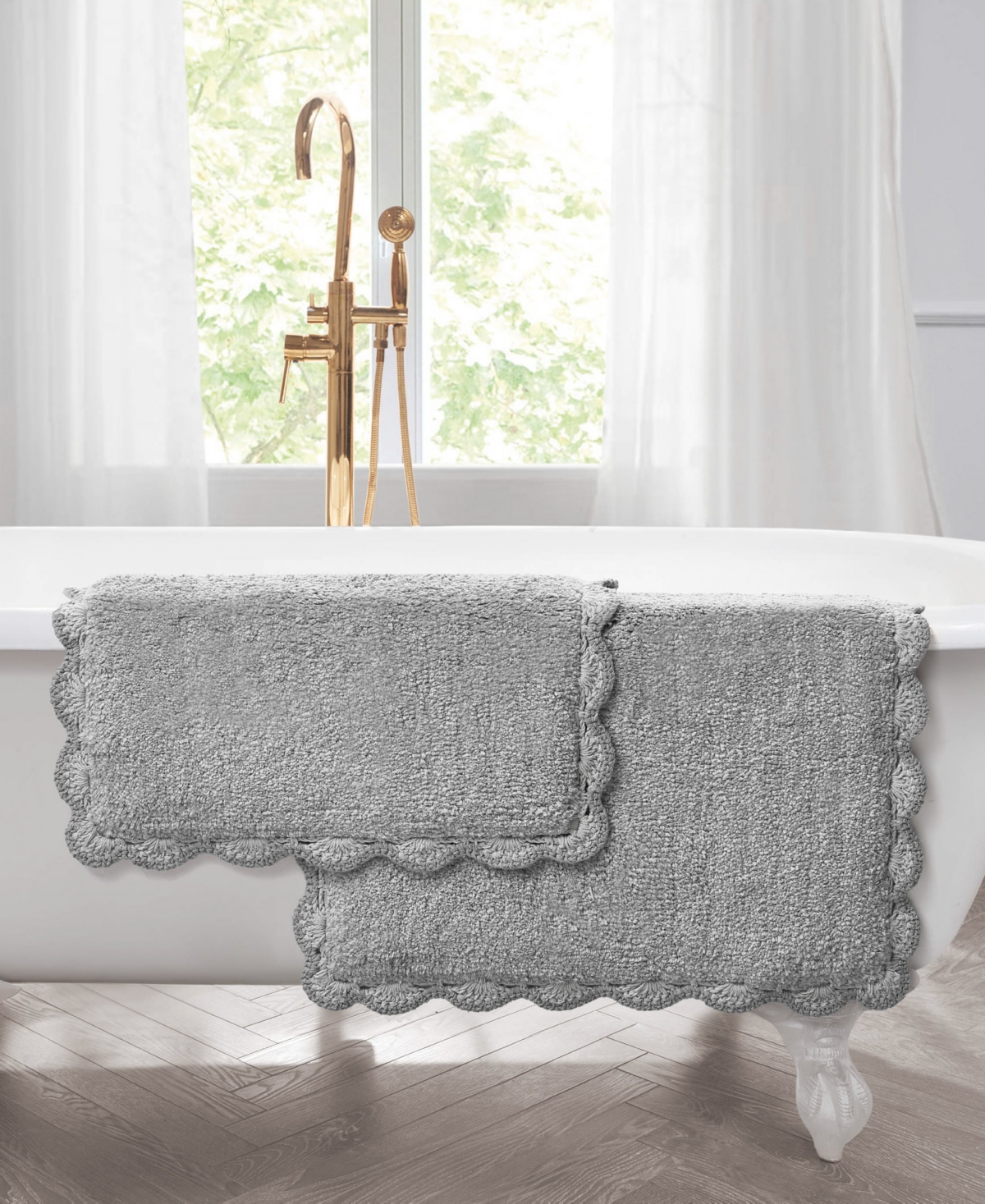 Laura Ashley Heathered Crochet Border Cotton Bath Rug Set In Gray