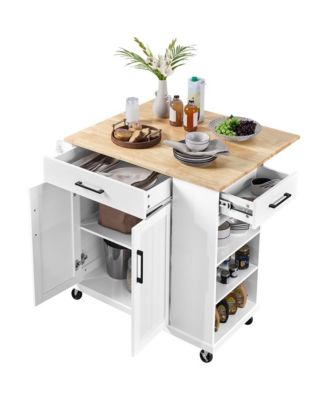 36” H Kitchen Island Cart on Wheels with Solid Wood Top & Storage