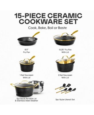 Charleston Collection 15-Piece Hammered Ceramic Coating Nonstick Cookware Set