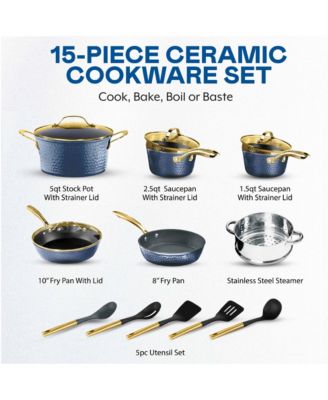 Charleston Collection 15-Piece Hammered Ceramic Coating Nonstick Cookware Set