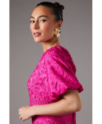 Women's Lace Hanky Hem Puff Sleeve Dress