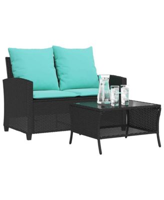 Patio Sofa 2-Seater with Cushions&Table Black Poly Rattan