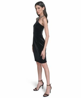 Women's Velvet Sleeveless Halter Neck Cocktail Dress