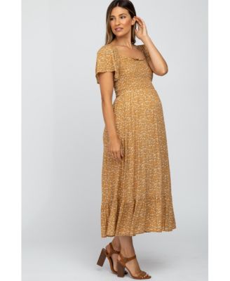 Maternity Mustard Floral Smocked Maxi Dress