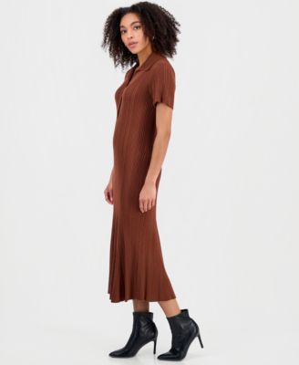 Women's Rib-Knit Short-Sleeve Midi Sweater Dress