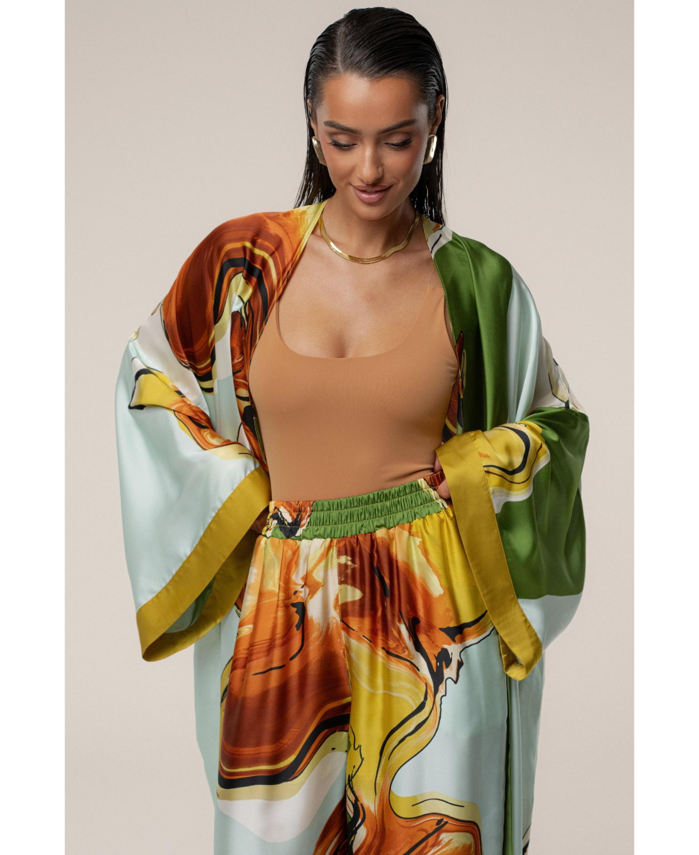 Женские куртки JLUXLABEL Nola Maxi Duster, цвет: Зелёный с принтом — фото 3