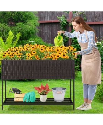 Elevated Planter Box Raised Garden Bed w/ Rattan Surface Bottom Storage Shelf & Removable Liner