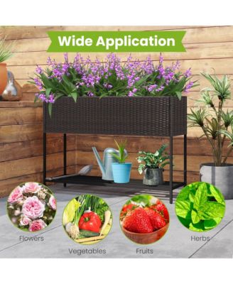 Elevated Planter Box Raised Garden Bed w/ Rattan Surface Bottom Storage Shelf & Removable Liner