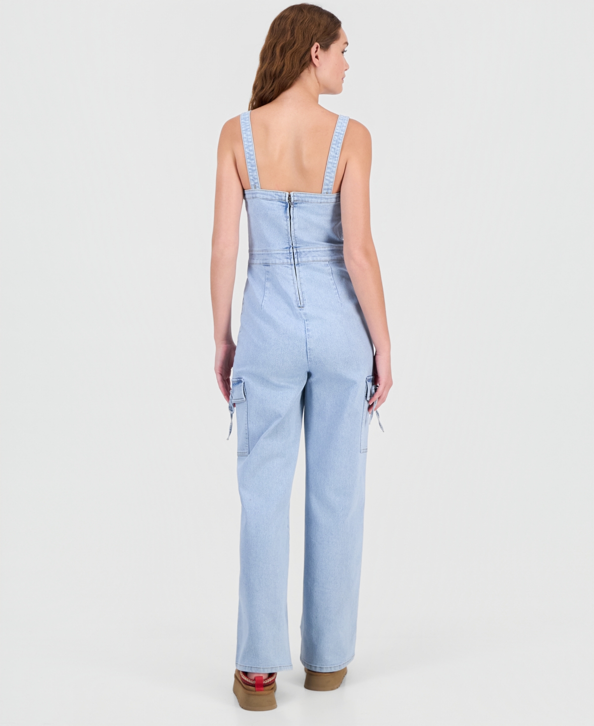 Tinseltown Juniors' Tie-waist Denim Wide-leg Jumpsuit In Blue