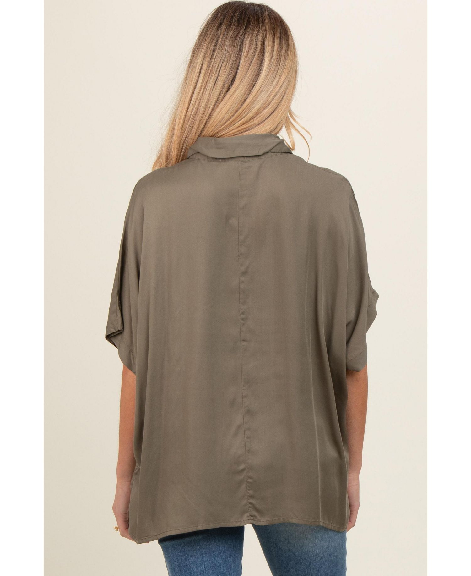 Women's Taupe Dolman Sleeve Button Down Blouse