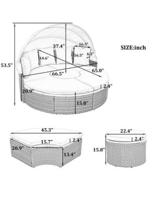 - Rattan Daybed Outdoor Sectional Sofa Set - Retractable Canopy - Beige
